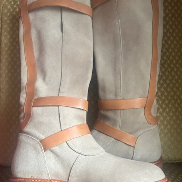 Free People Tristie Buckle Moto Tan Suede Leather Straps Knee High Boots - Picture 13 of 16